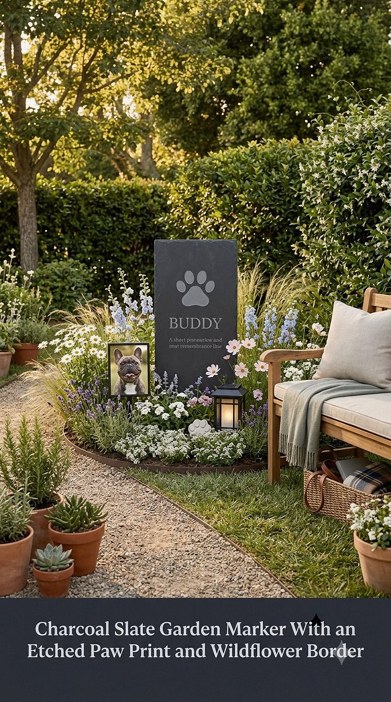 13. Charcoal Slate Garden Marker With an Etched Paw Print and Wildflower Border