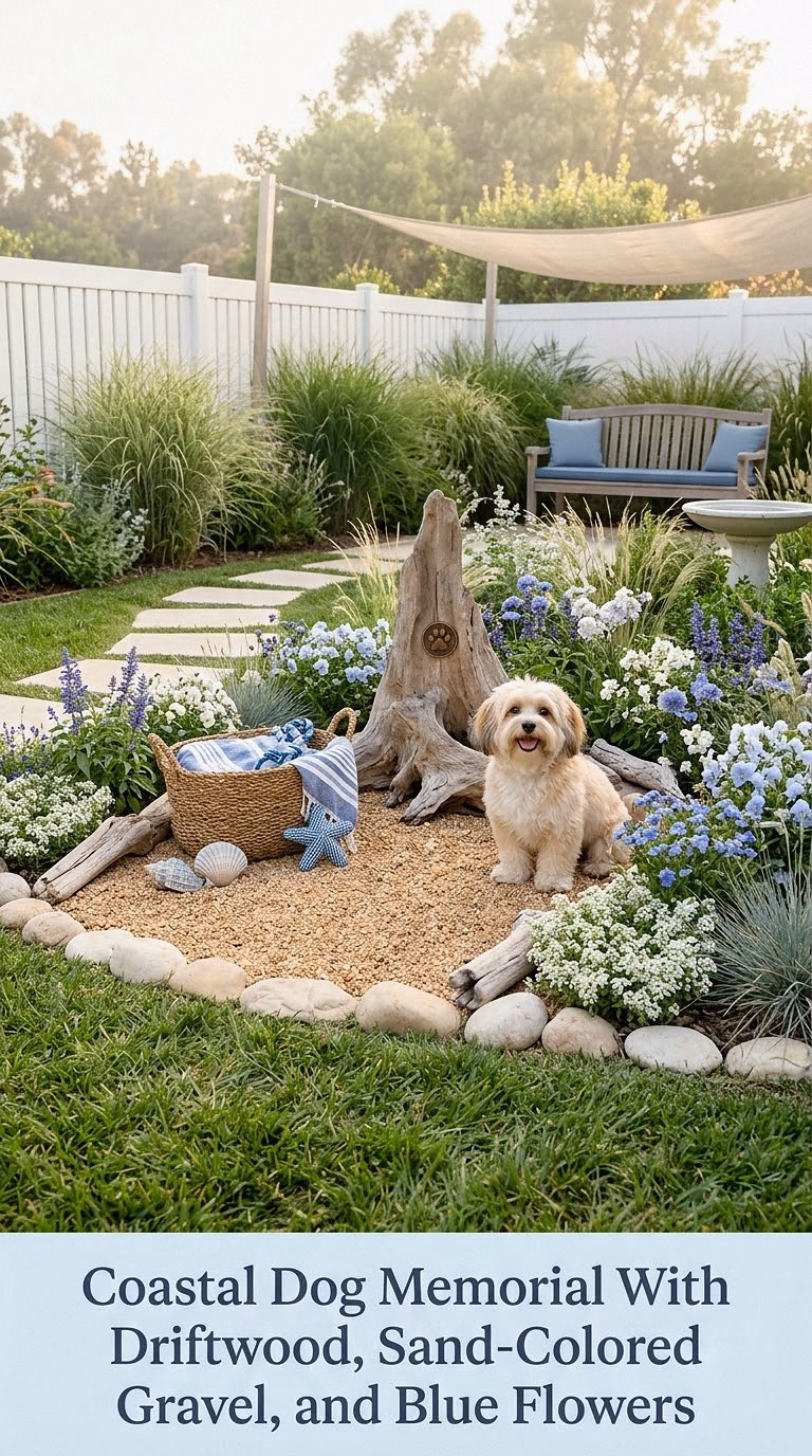 13. Coastal Dog Memorial With Driftwood, Sand-Colored Gravel, and Blue Flowers