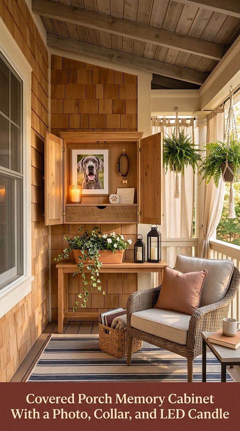 13. Covered Porch Memory Cabinet With a Photo, Collar, and LED Candle