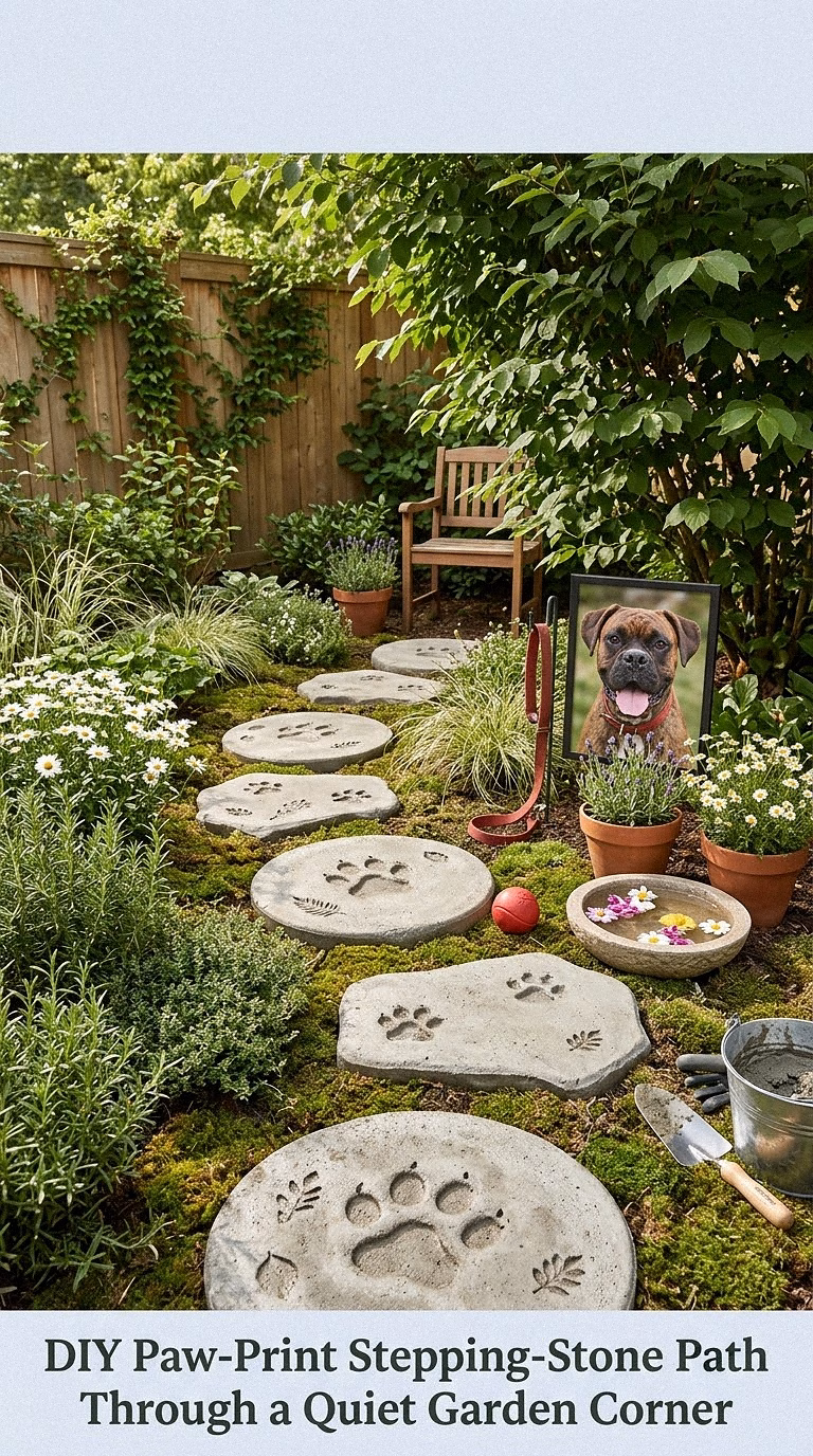 13. DIY Paw-Print Stepping-Stone Path Through a Quiet Garden Corner