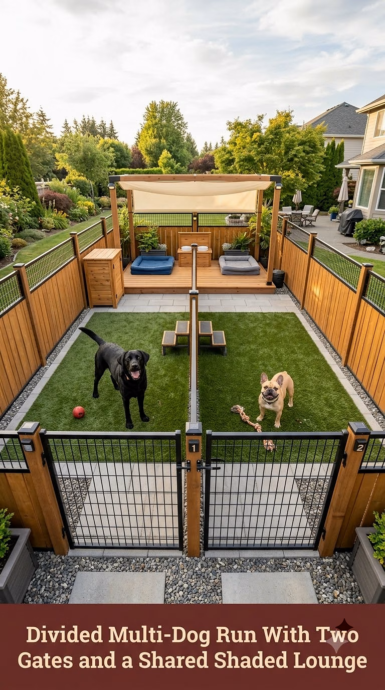 13. Divided Multi-Dog Run With Two Gates and a Shared Shaded Lounge