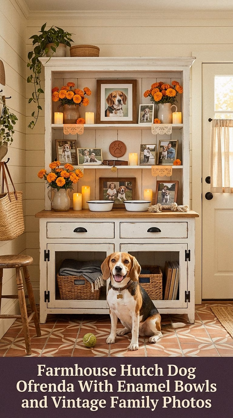 13. Farmhouse Hutch Dog Ofrenda With Enamel Bowls and Vintage Family Photos