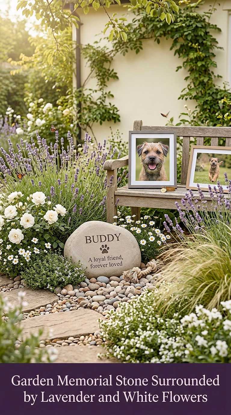 13. Garden Memorial Stone Surrounded by Lavender and White Flowers