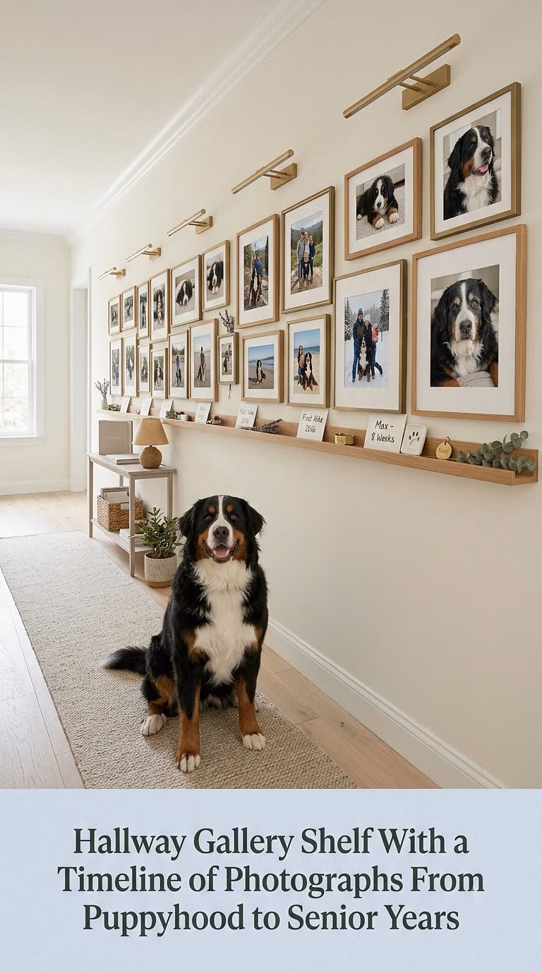 13. Hallway Gallery Shelf With a Timeline of Photographs From Puppyhood to Senior Years
