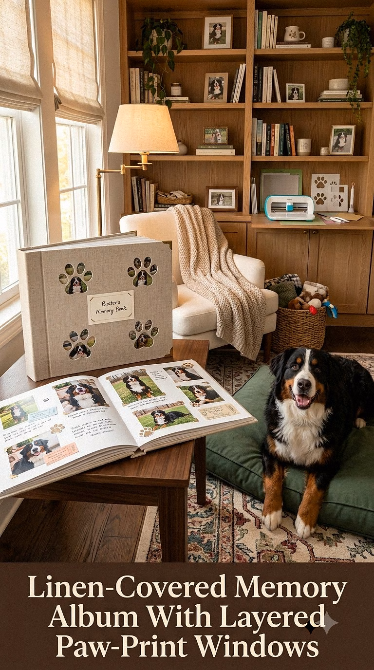 13. Linen-Covered Memory Album With Layered Paw-Print Windows