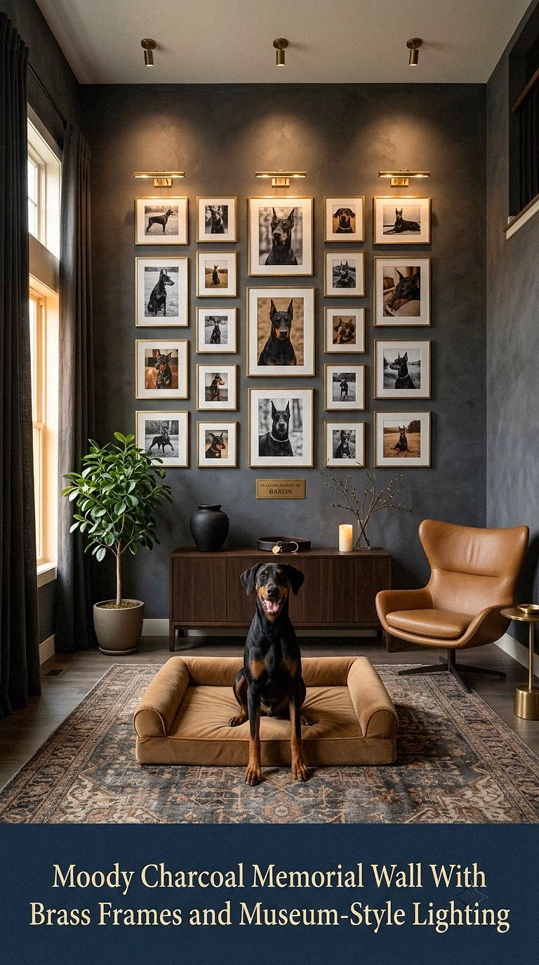 13. Moody Charcoal Memorial Wall With Brass Frames and Museum-Style Lighting