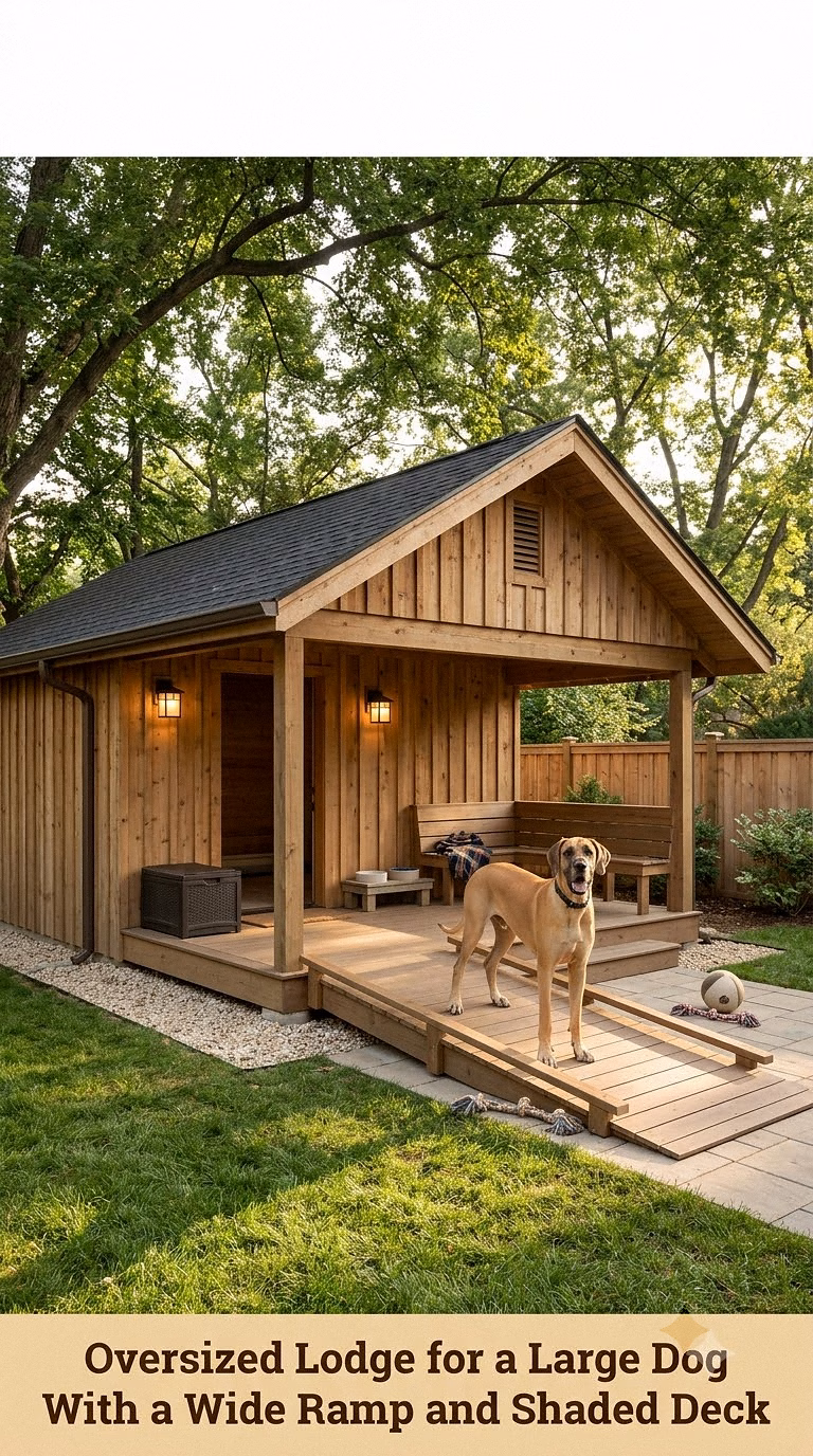 13. Oversized Lodge for a Large Dog With a Wide Ramp and Shaded Deck