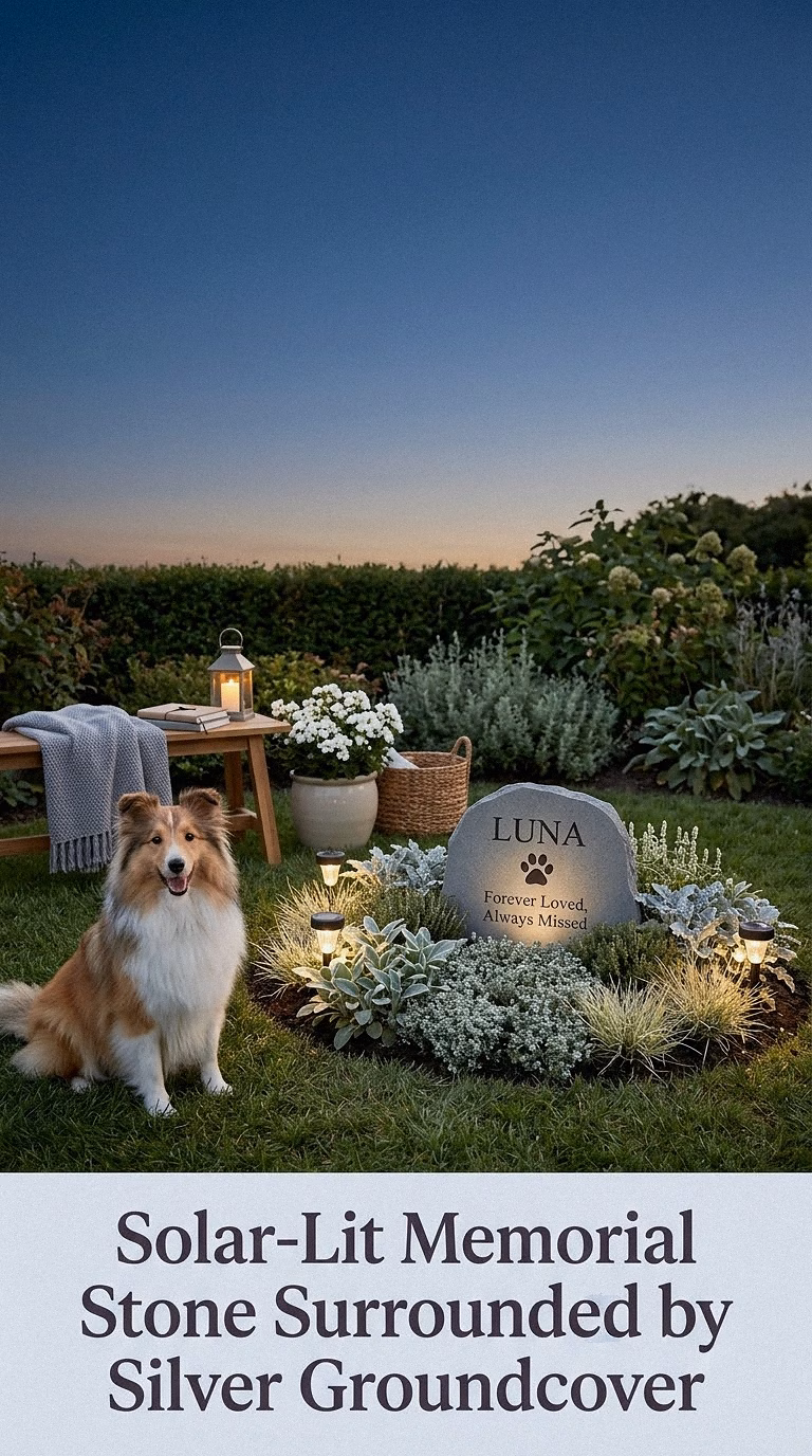 13. Solar-Lit Memorial Stone Surrounded by Silver Groundcover