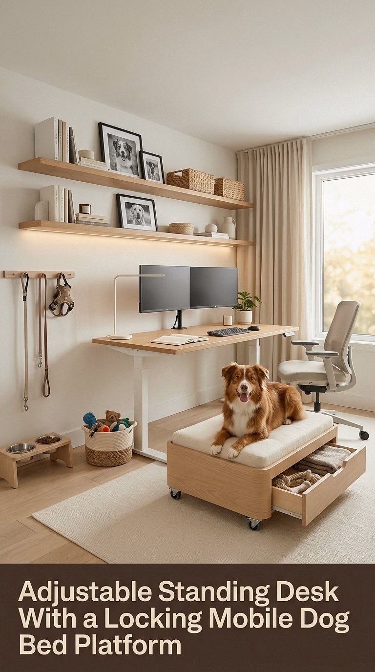 Adjustable Standing Desk With a Locking Mobile Dog Bed Platform