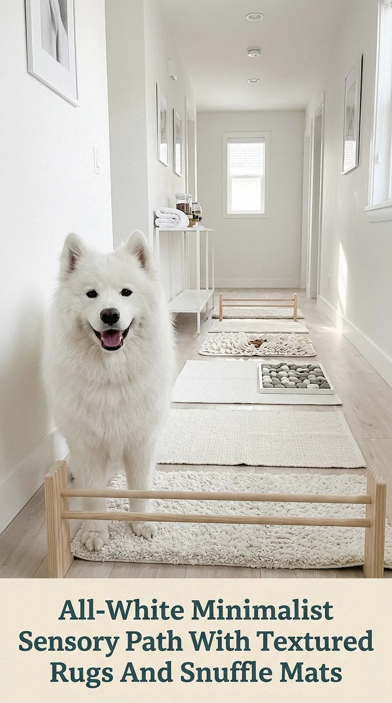 All-White Minimalist Sensory Path With Textured Rugs And Snuffle Mats