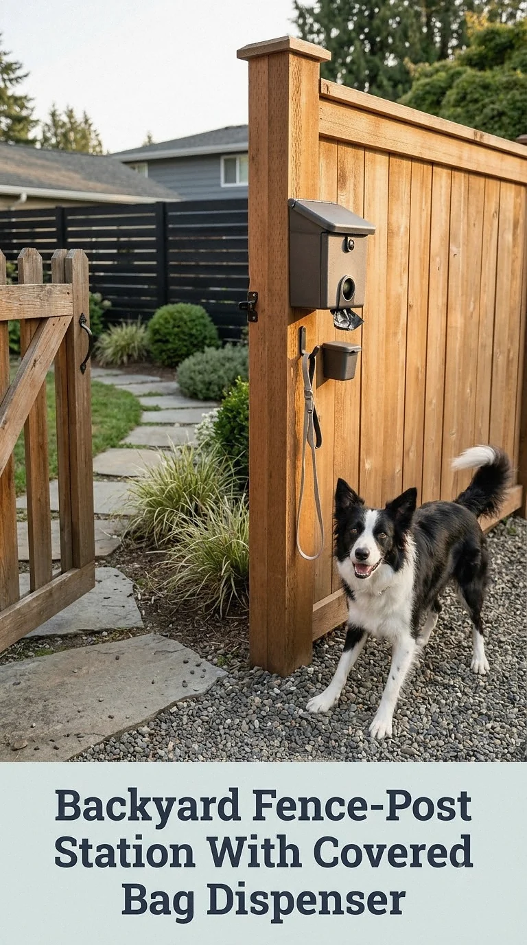 Backyard Fence-Post Station With Covered Bag Dispenser