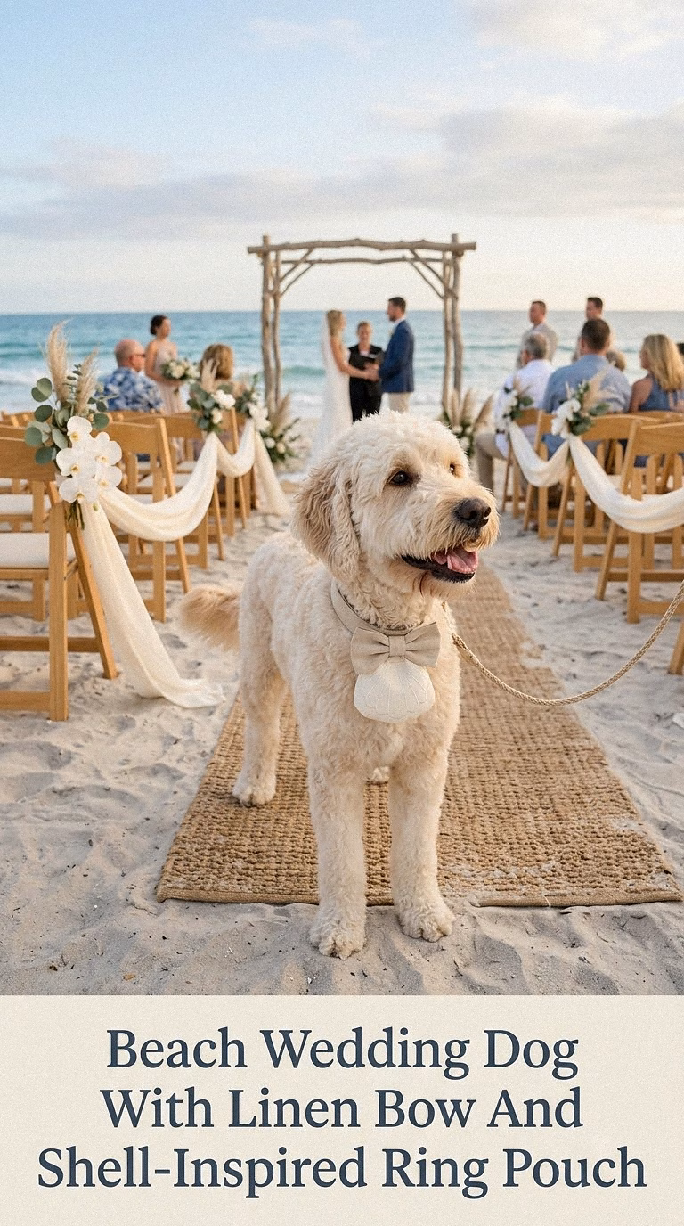 Beach Wedding Dog With Linen Bow And Shell-Inspired Ring Pouch