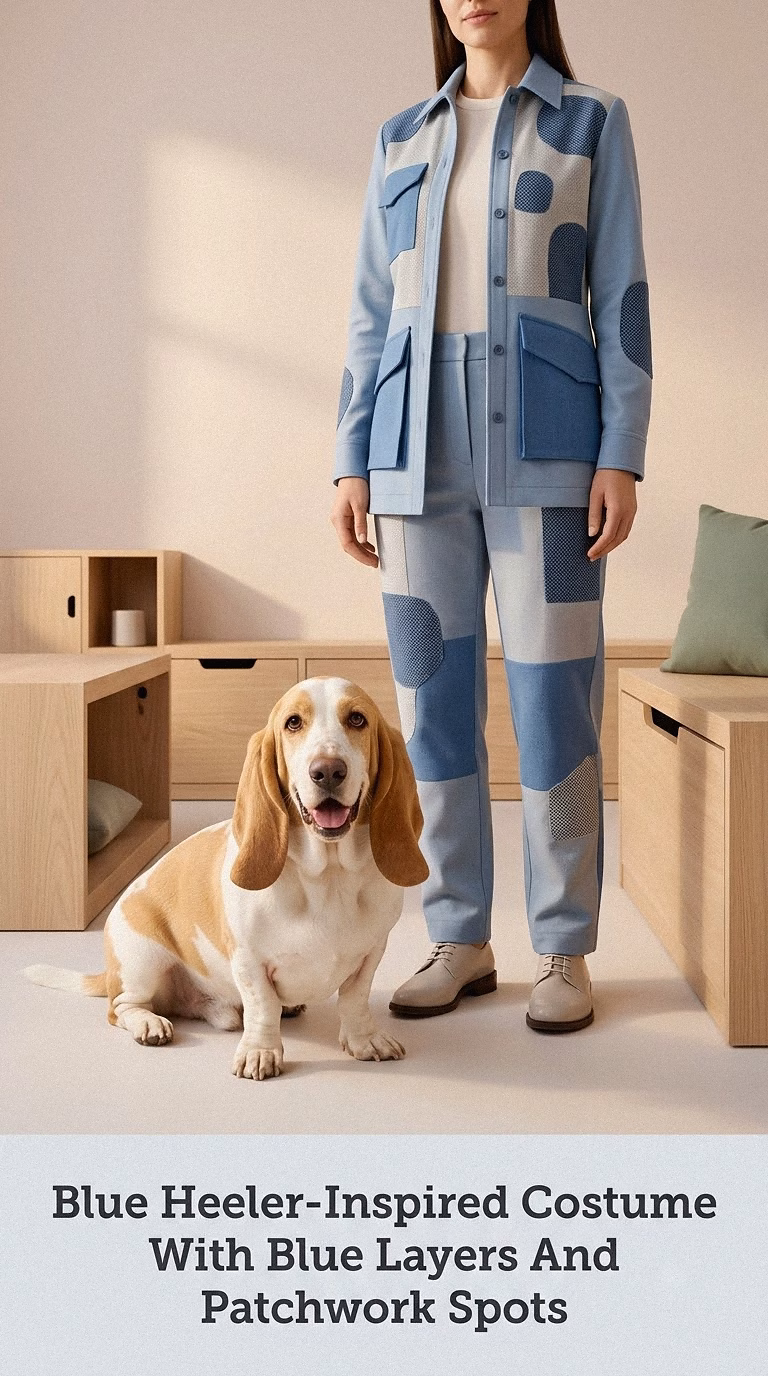Blue Heeler-Inspired Costume With Blue Layers And Patchwork Spots