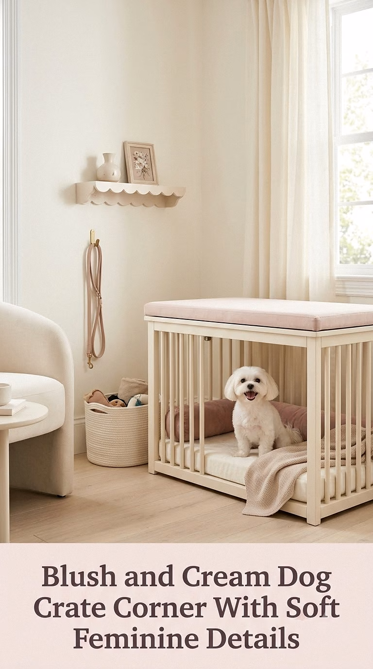 Blush and Cream Dog Crate Corner With Soft Feminine Details
