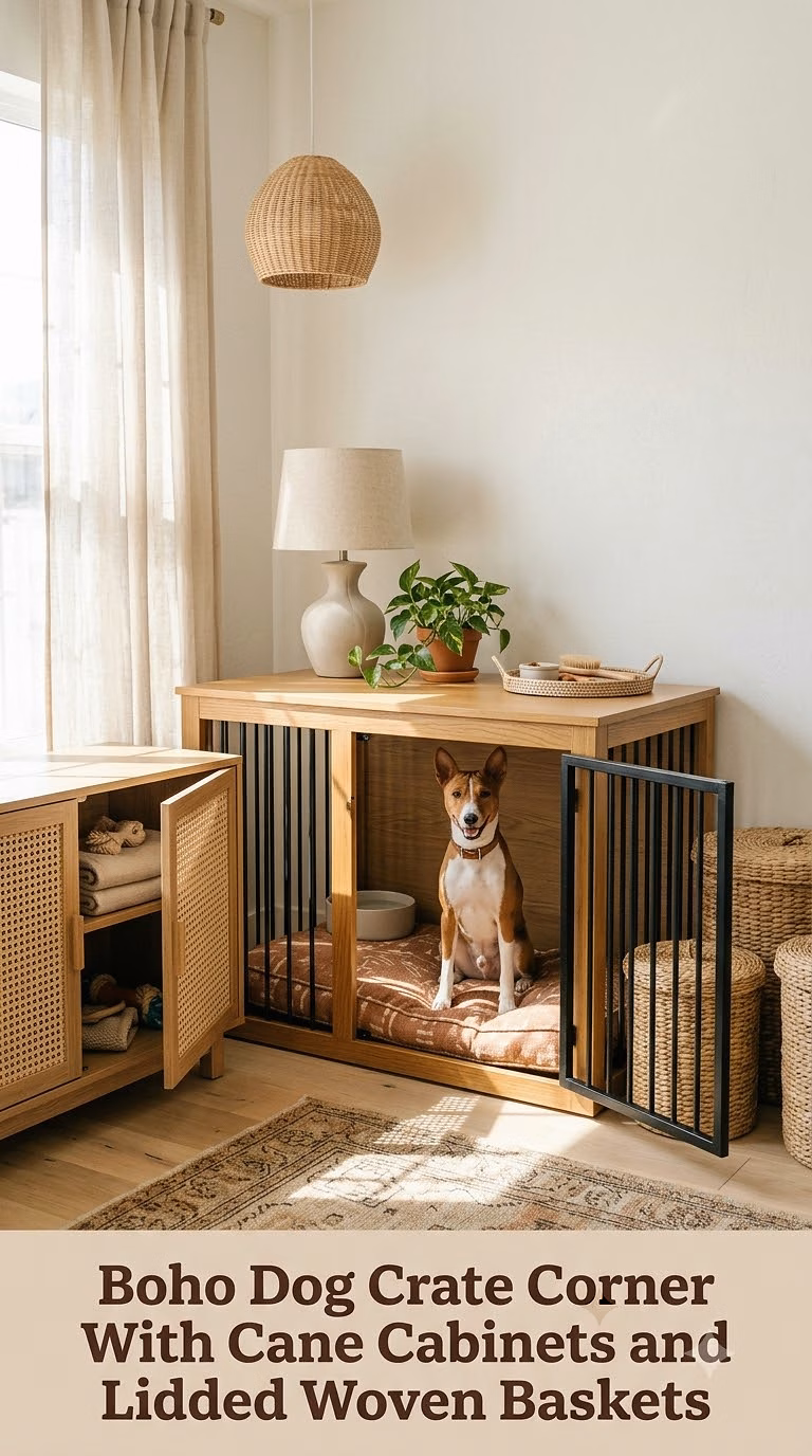 Boho Dog Crate Corner With Cane Cabinets and Lidded Woven Baskets