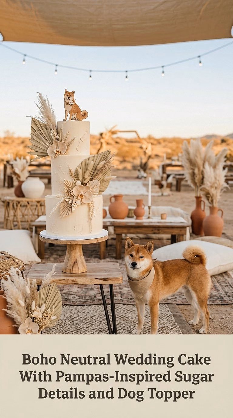 Boho Neutral Wedding Cake With Pampas-Inspired Sugar Details and Dog Topper