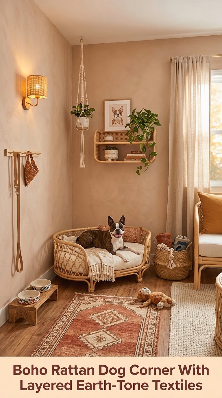 13. Boho Rattan Dog Corner With Layered Earth-Tone Textiles