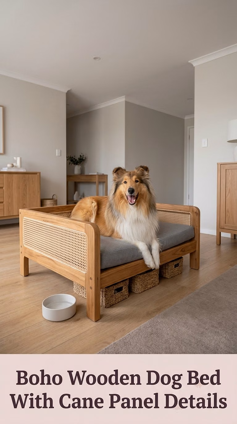 Boho Wooden Dog Bed With Cane Panel Details