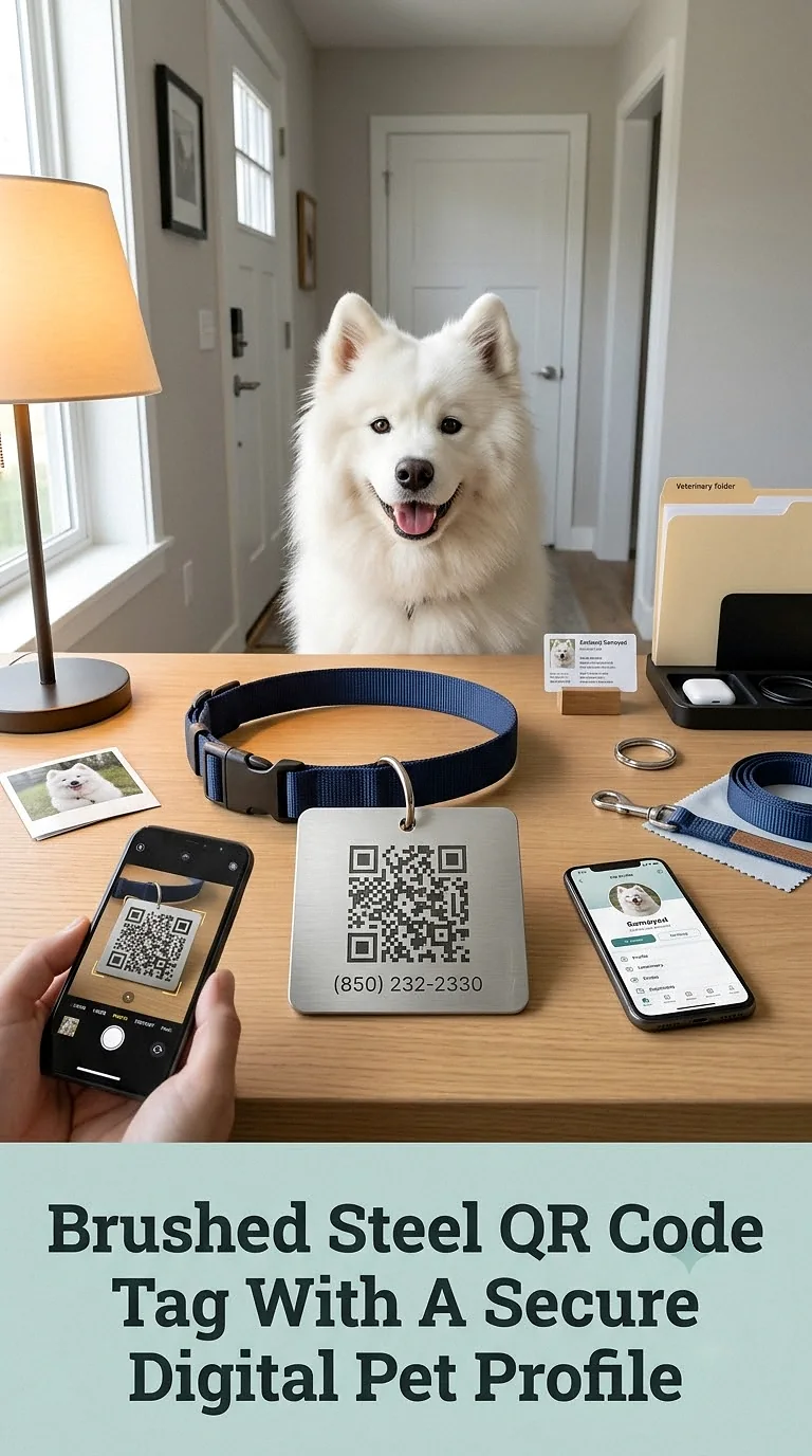 Brushed Steel QR Code Tag With A Secure Digital Pet Profile