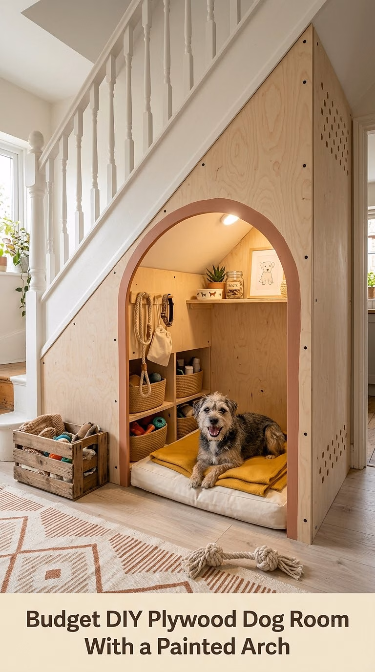 13. Budget DIY Plywood Dog Room With a Painted Arch