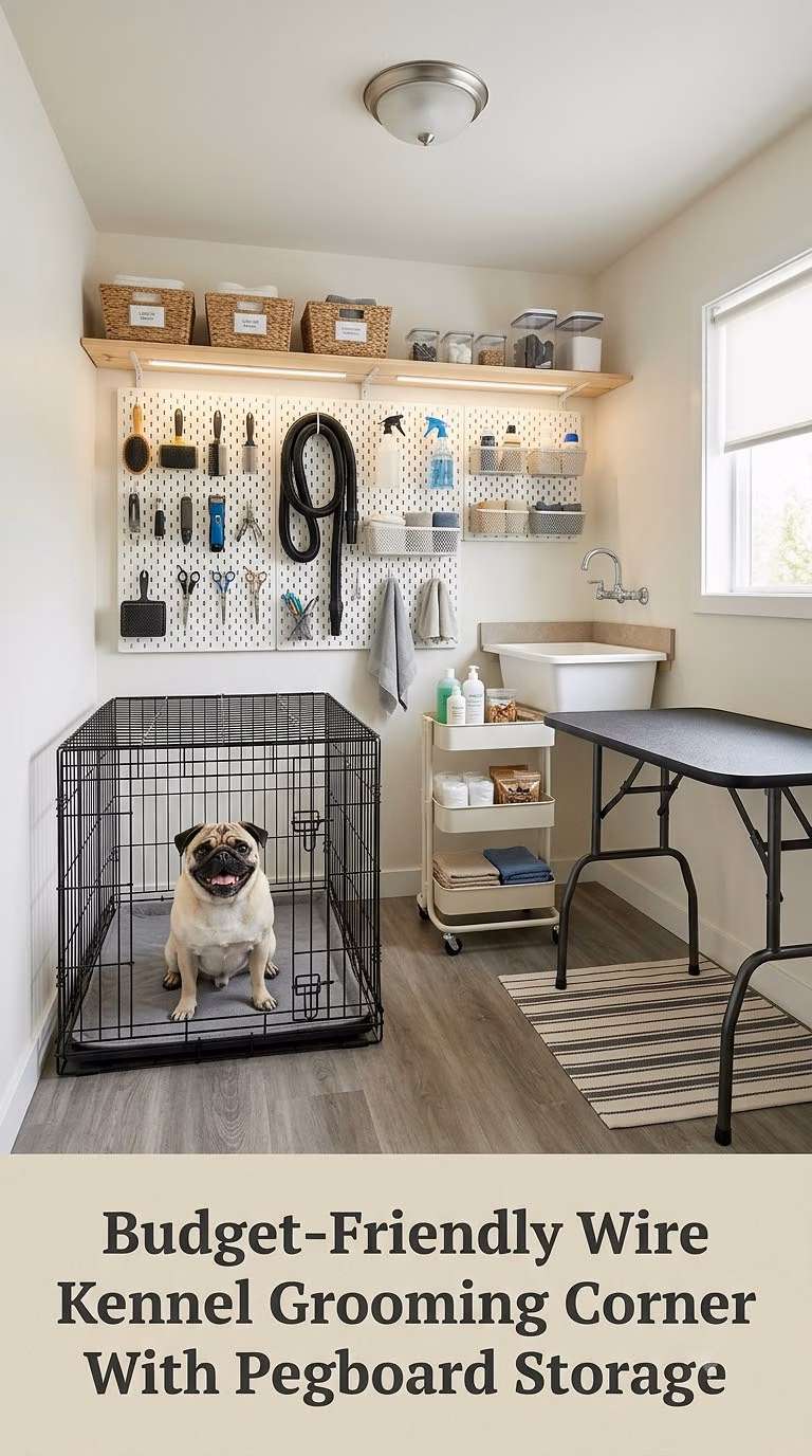 Budget-Friendly Wire Kennel Grooming Corner With Pegboard Storage