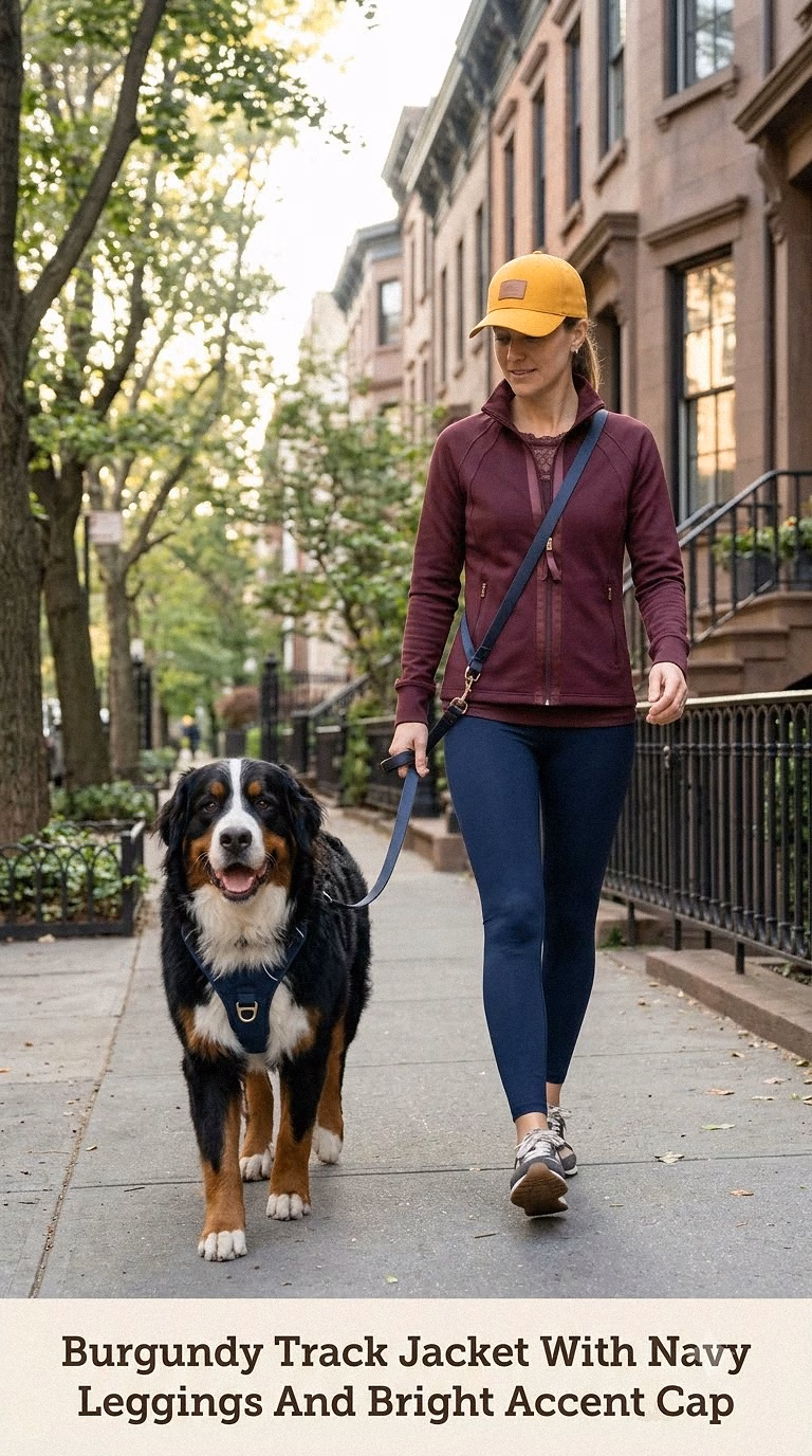 Burgundy Track Jacket With Navy Leggings And Bright Accent Cap