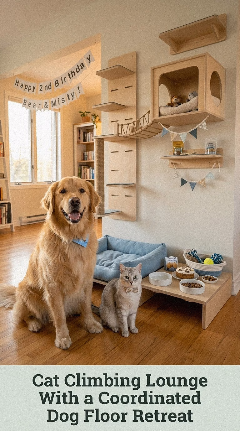 Cat Climbing Lounge With a Coordinated Dog Floor Retreat