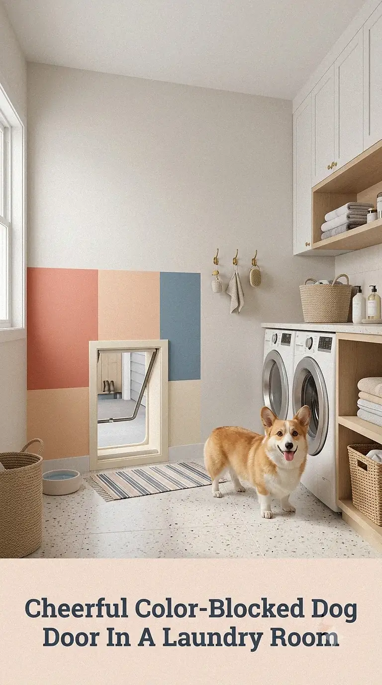 Cheerful Color-Blocked Dog Door In A Laundry Room