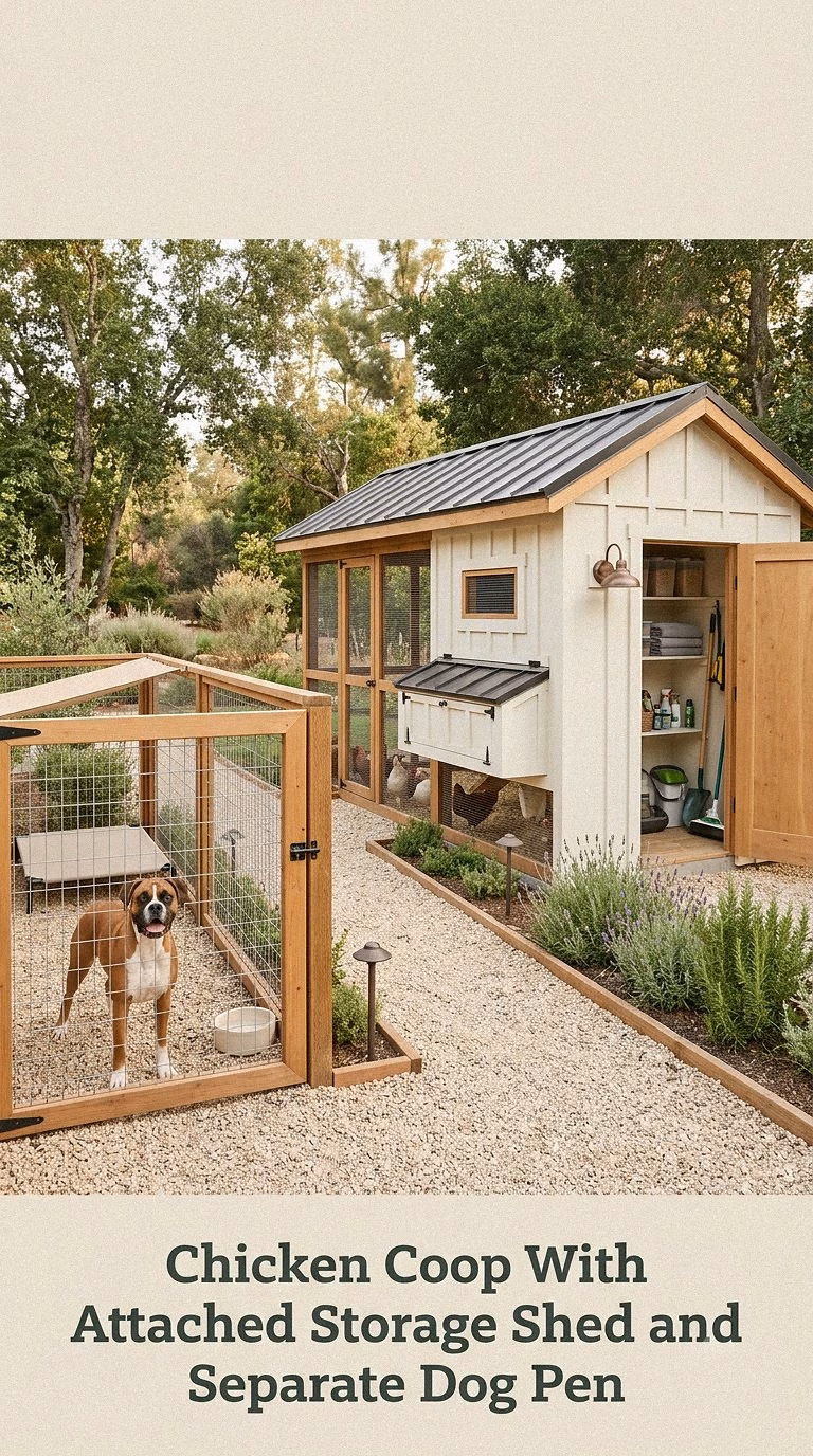 Chicken Coop With Attached Storage Shed and Separate Dog Pen