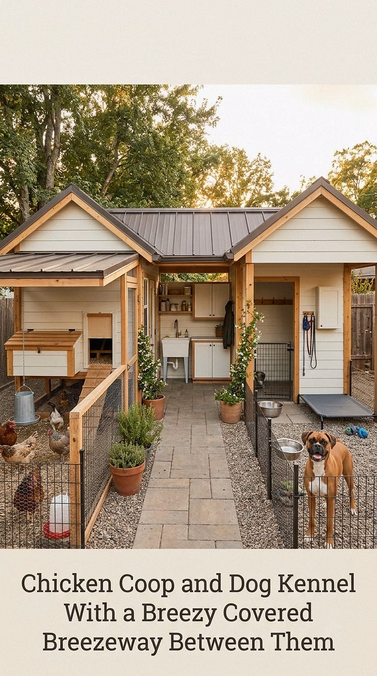 Chicken Coop and Dog Kennel With a Breezy Covered Breezeway Between Them