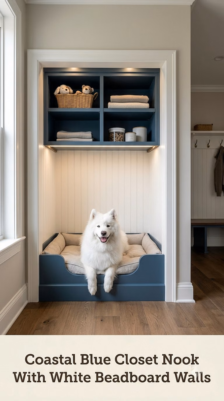 Coastal Blue Closet Nook With White Beadboard Walls