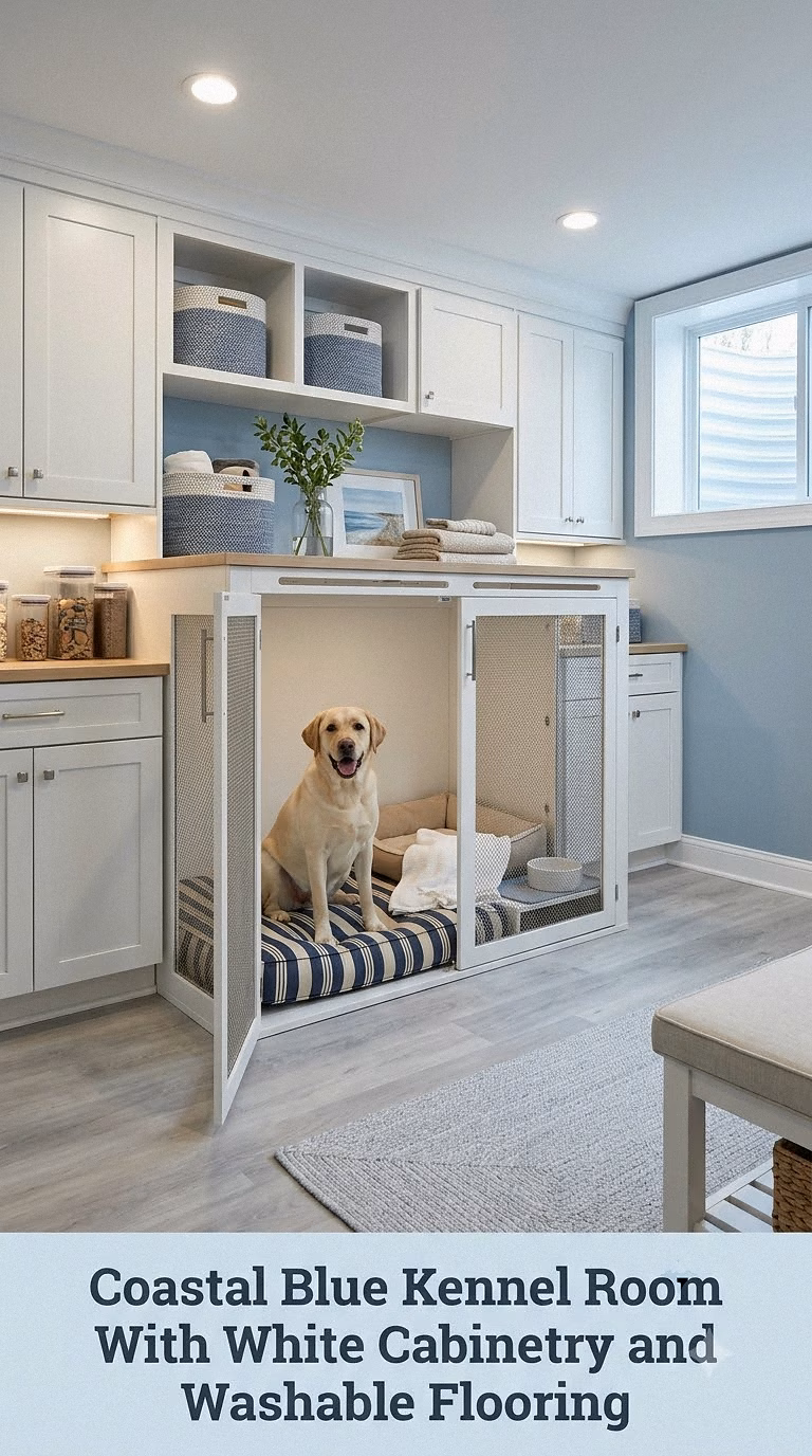 Coastal Blue Kennel Room With White Cabinetry and Washable Flooring