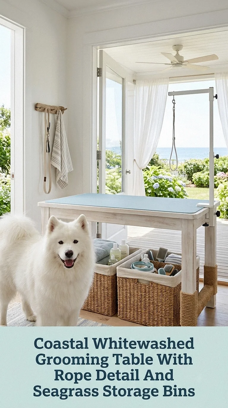 Coastal Whitewashed Grooming Table With Rope Detail And Seagrass Storage Bins