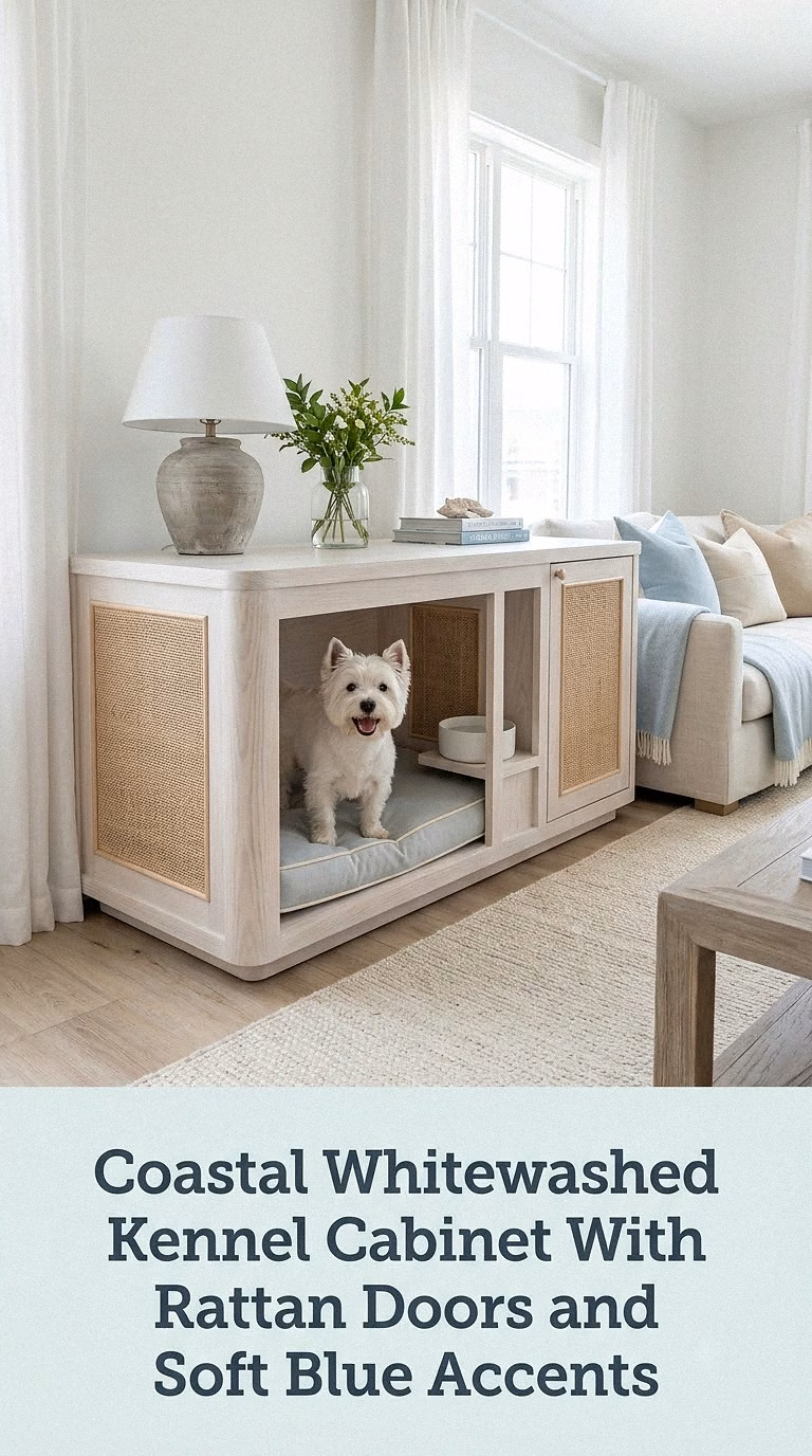 Coastal Whitewashed Kennel Cabinet With Rattan Doors and Soft Blue Accents
