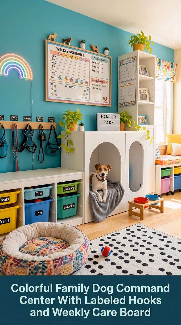 13. Colorful Family Dog Command Center With Labeled Hooks and Weekly Care Board