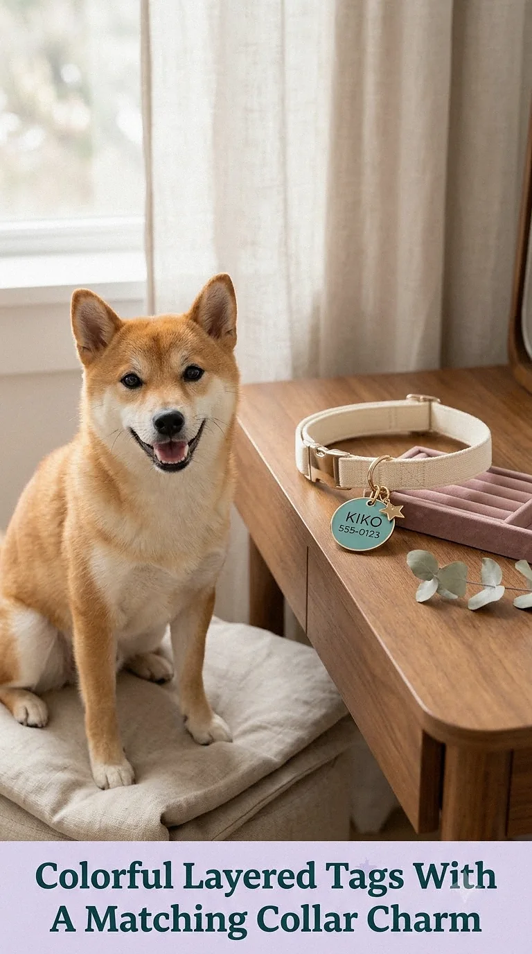 Colorful Layered Tags With A Matching Collar Charm