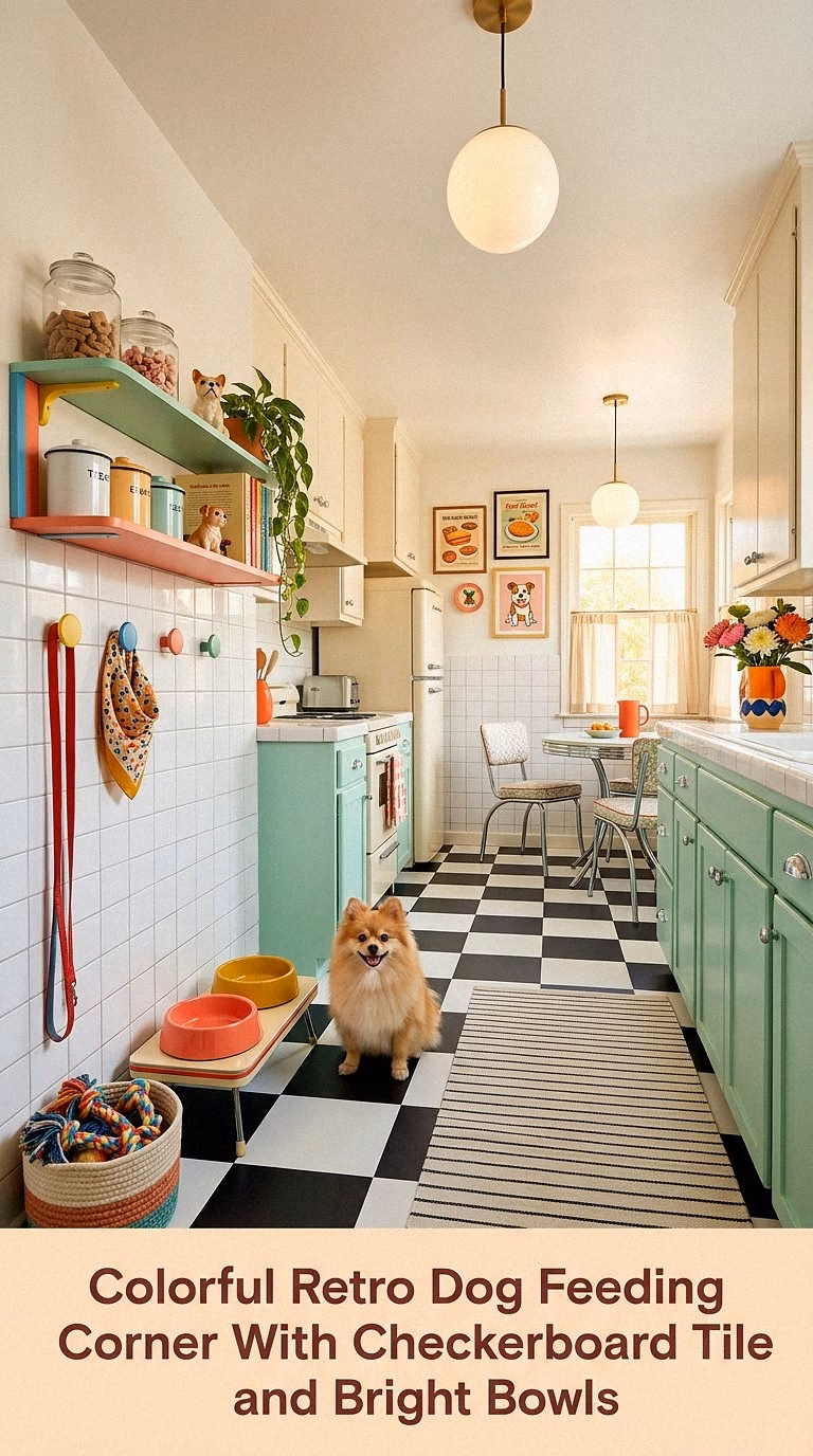 13. Colorful Retro Dog Feeding Corner With Checkerboard Tile and Bright Bowls
