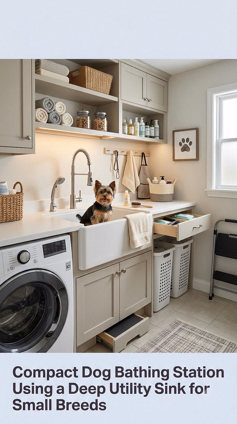 13. Compact Dog Bathing Station Using a Deep Utility Sink for Small Breeds