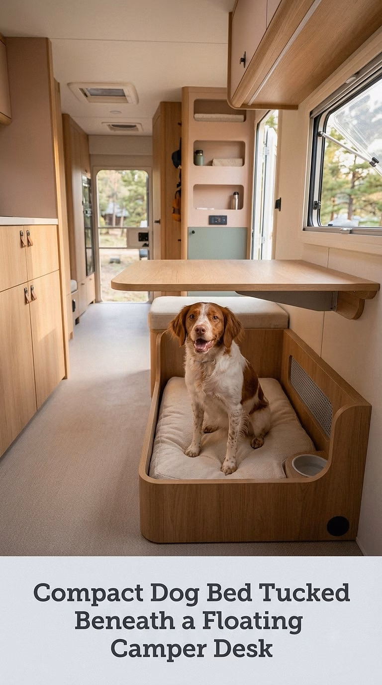 Compact Dog Bed Tucked Beneath a Floating Camper Desk