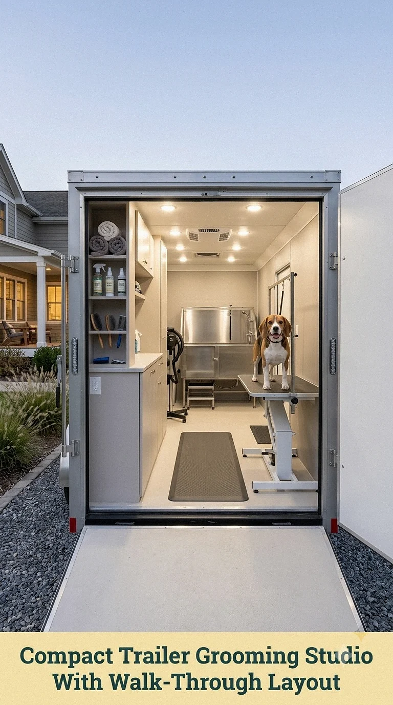 Compact Trailer Grooming Studio With Walk-Through Layout