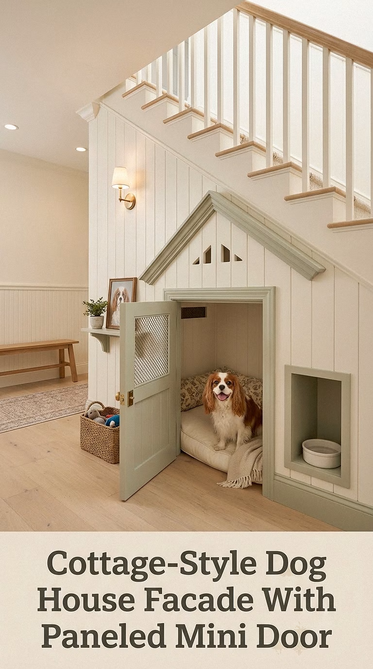 Cottage-Style Dog House Facade With Paneled Mini Door