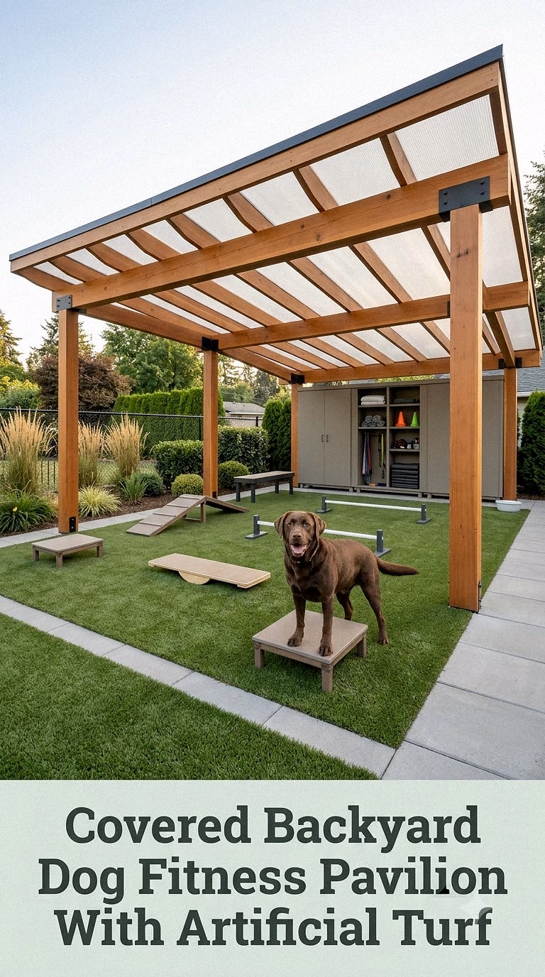 Covered Backyard Dog Fitness Pavilion With Artificial Turf