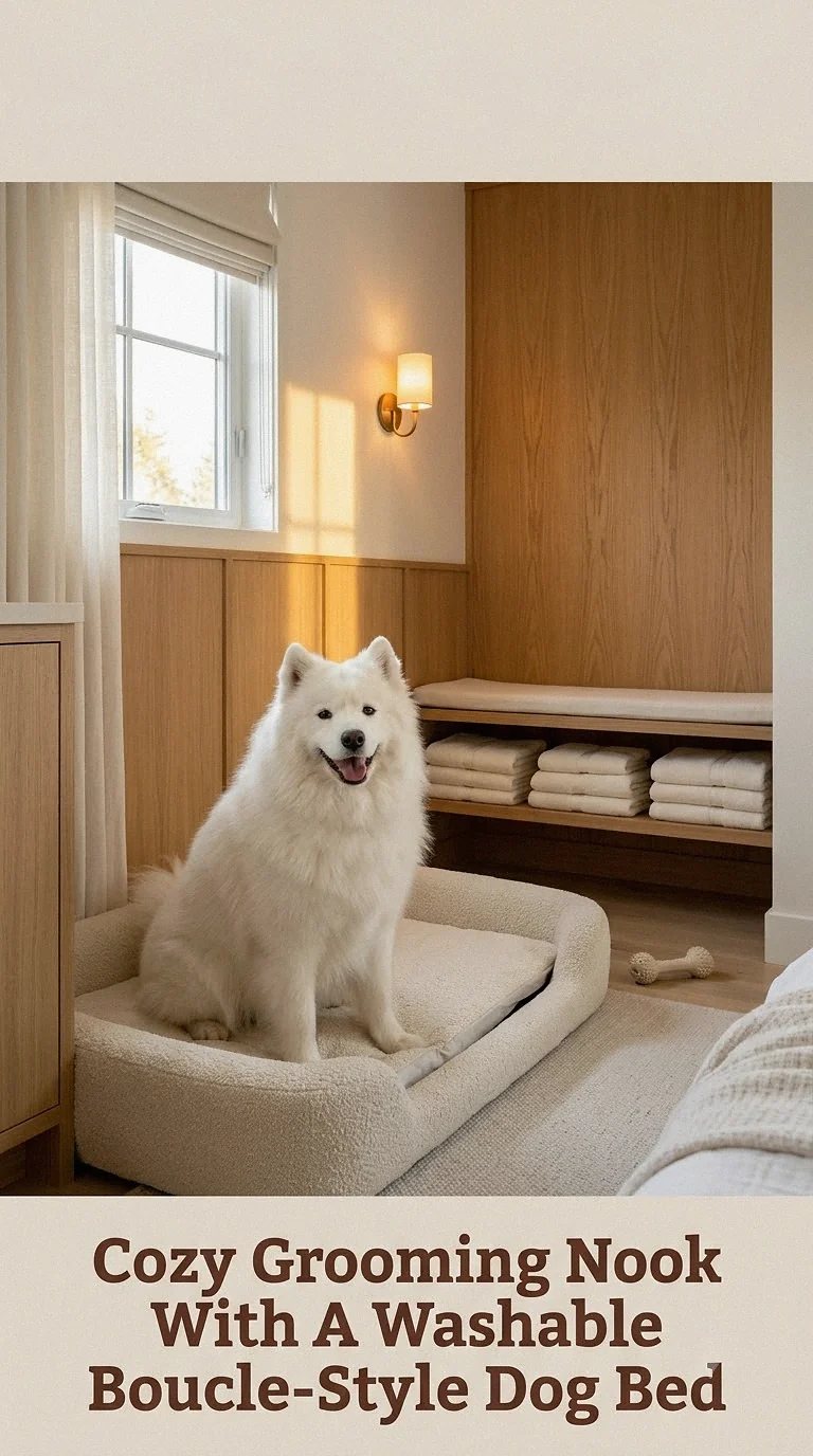 Cozy Grooming Nook With A Washable Boucle-Style Dog Bed