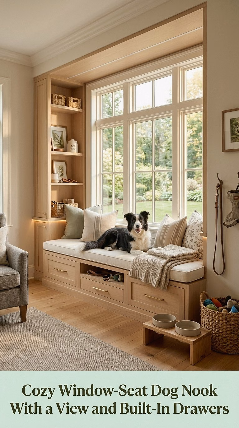 13. Cozy Window-Seat Dog Nook With a View and Built-In Drawers