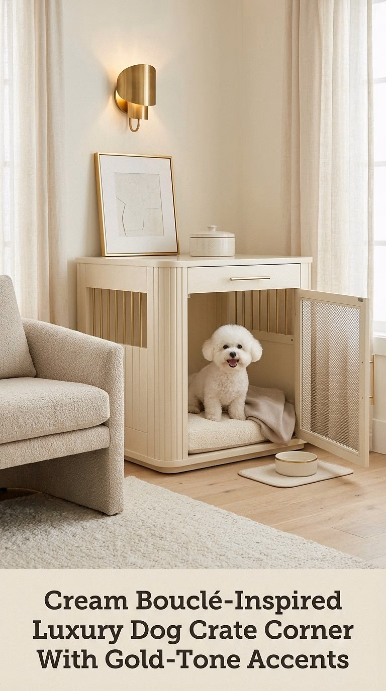 Cream Bouclé-Inspired Luxury Dog Crate Corner With Gold-Tone Accents