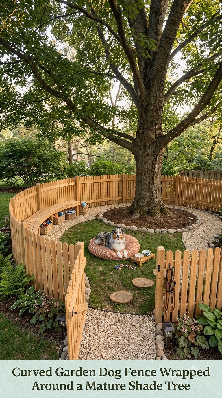 13. Curved Garden Dog Fence Wrapped Around a Mature Shade Tree