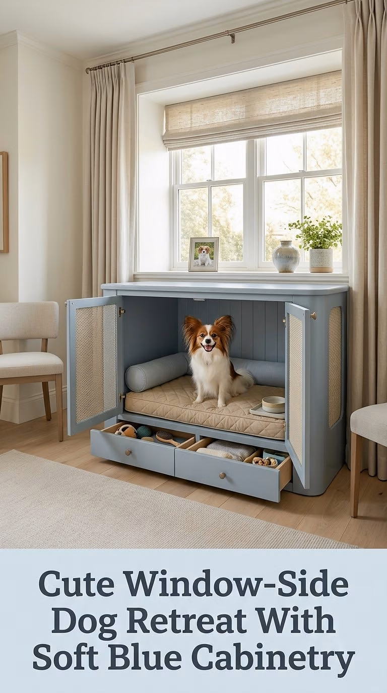 Cute Window-Side Dog Retreat With Soft Blue Cabinetry