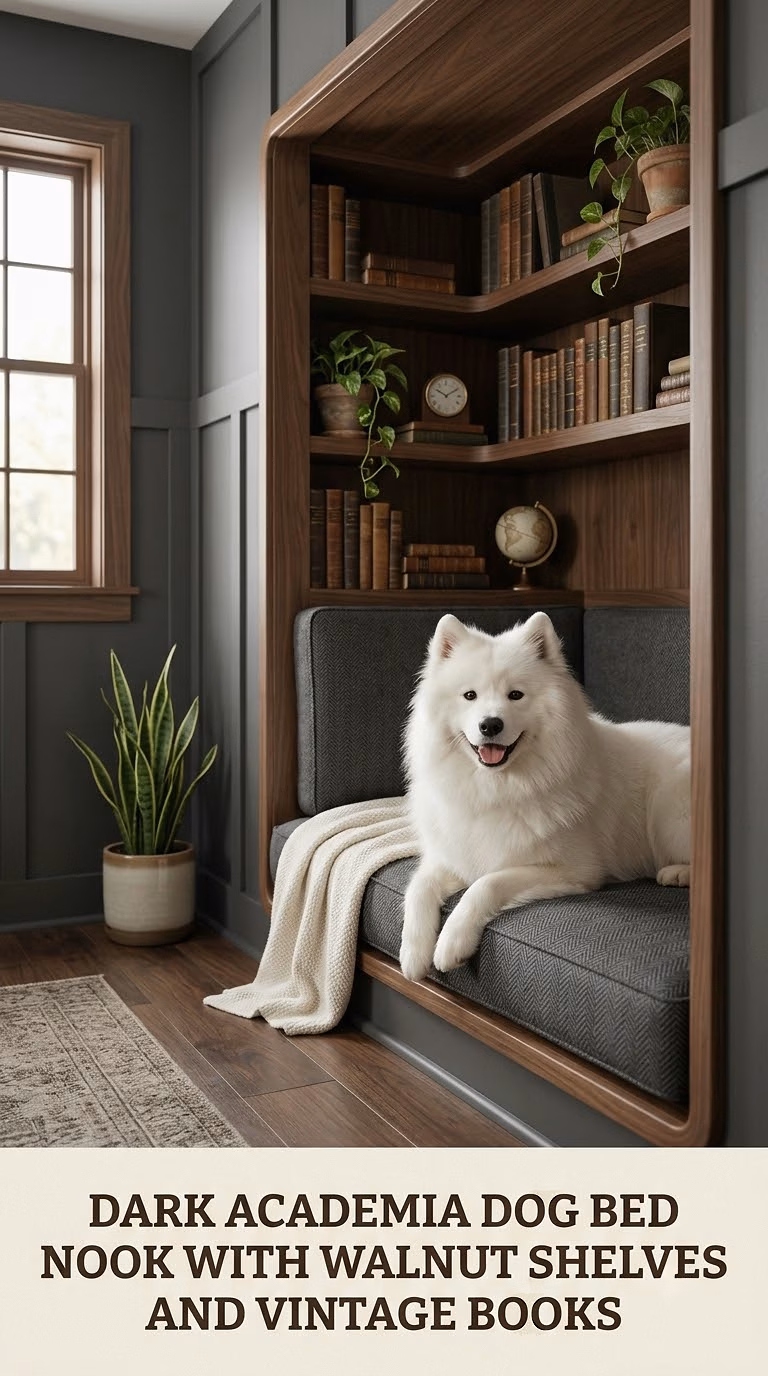 Dark Academia Dog Bed Nook With Walnut Shelves and Vintage Books