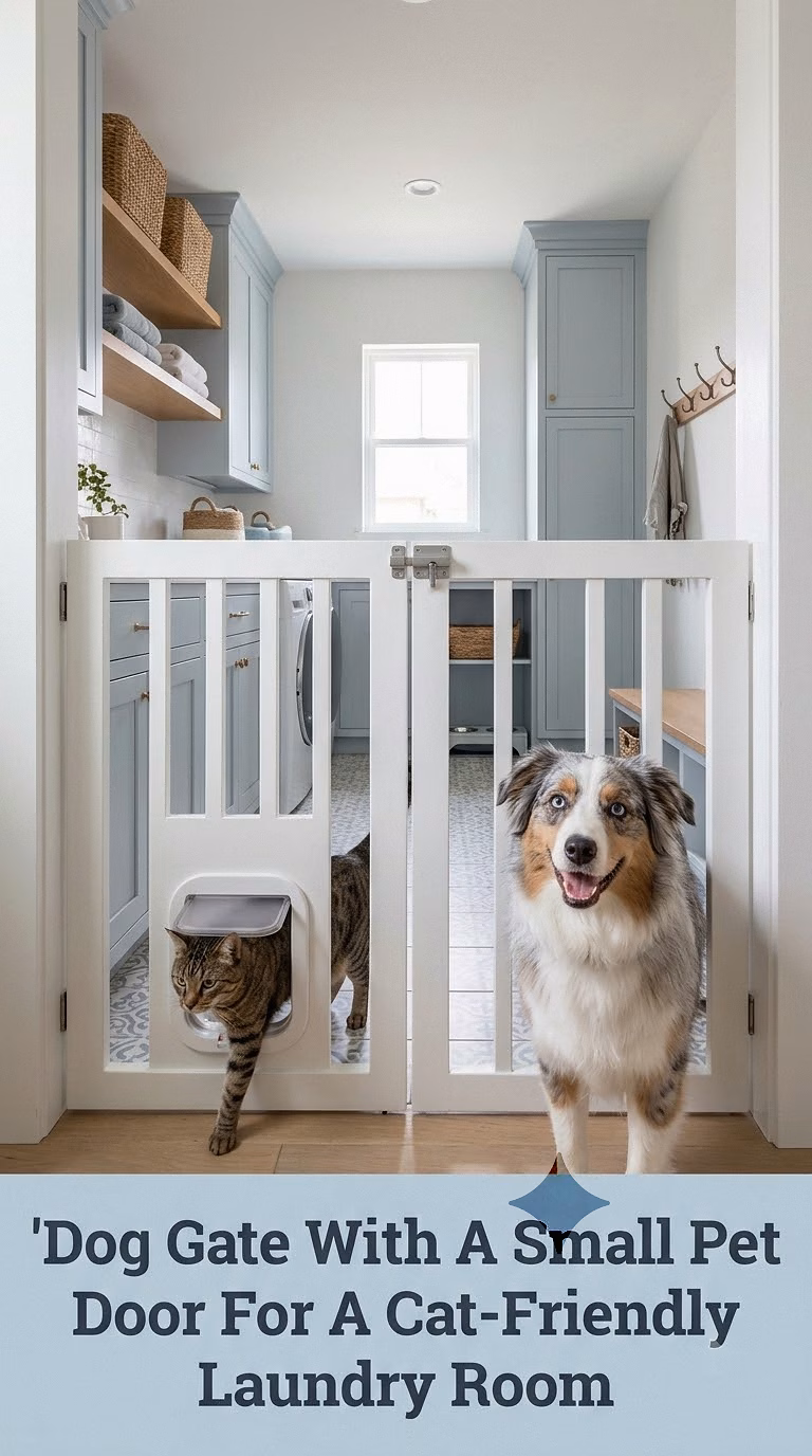 Dog Gate With A Small Pet Door For A Cat-Friendly Laundry Room