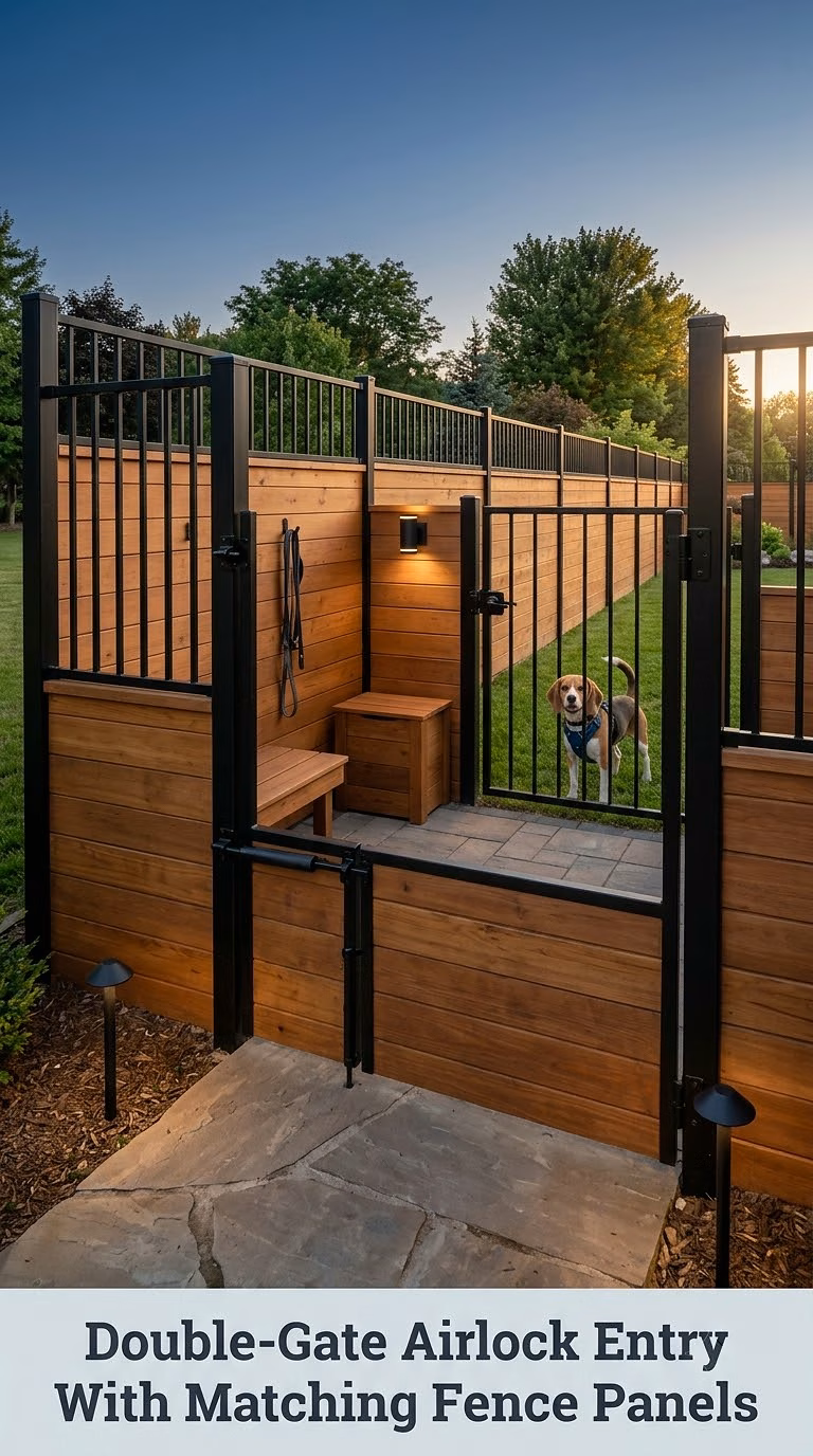 Double-Gate Airlock Entry With Matching Fence Panels